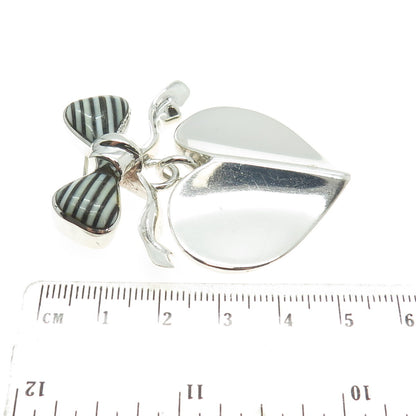 925 Sterling Silver Vintage Real White & Black Onyx Gem Bow Dangle Heart Brooch