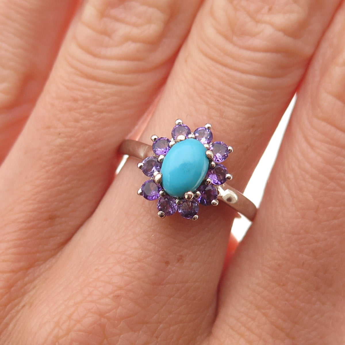 Chuck Clemency 925 Sterling Silver Real Turquoise & Amethyst Floral Ring Size 7