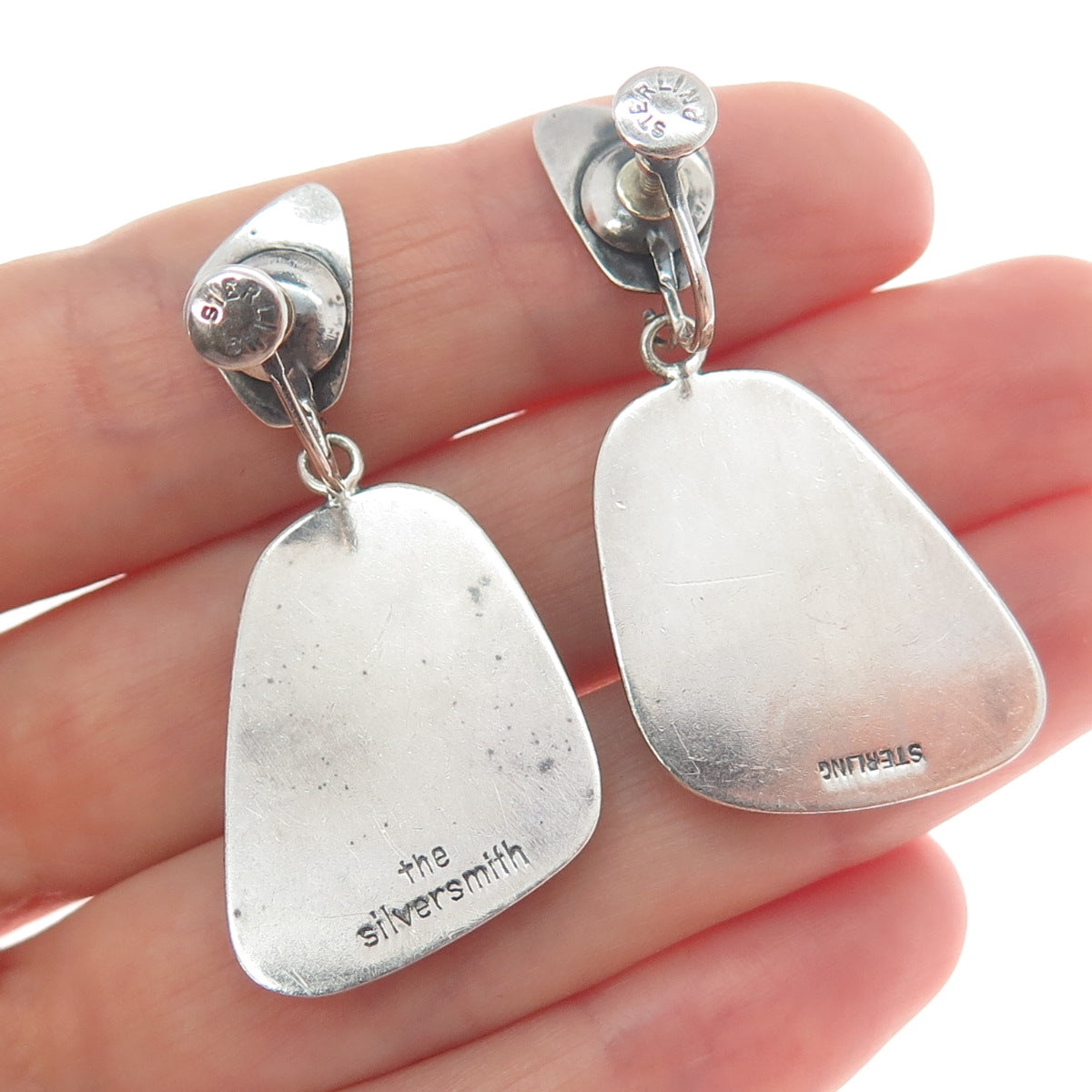 THE SILVERSMITH Sterling Vintage Modernist Oxidized Dangle Screw Back Earrings