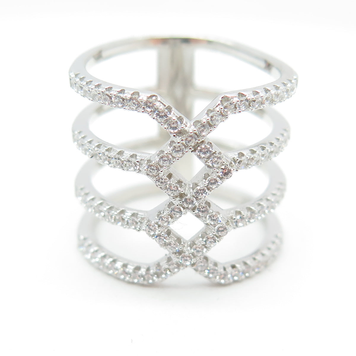 925 Sterling Silver Round-Cut White C Z Multi-Row Ring Size 5