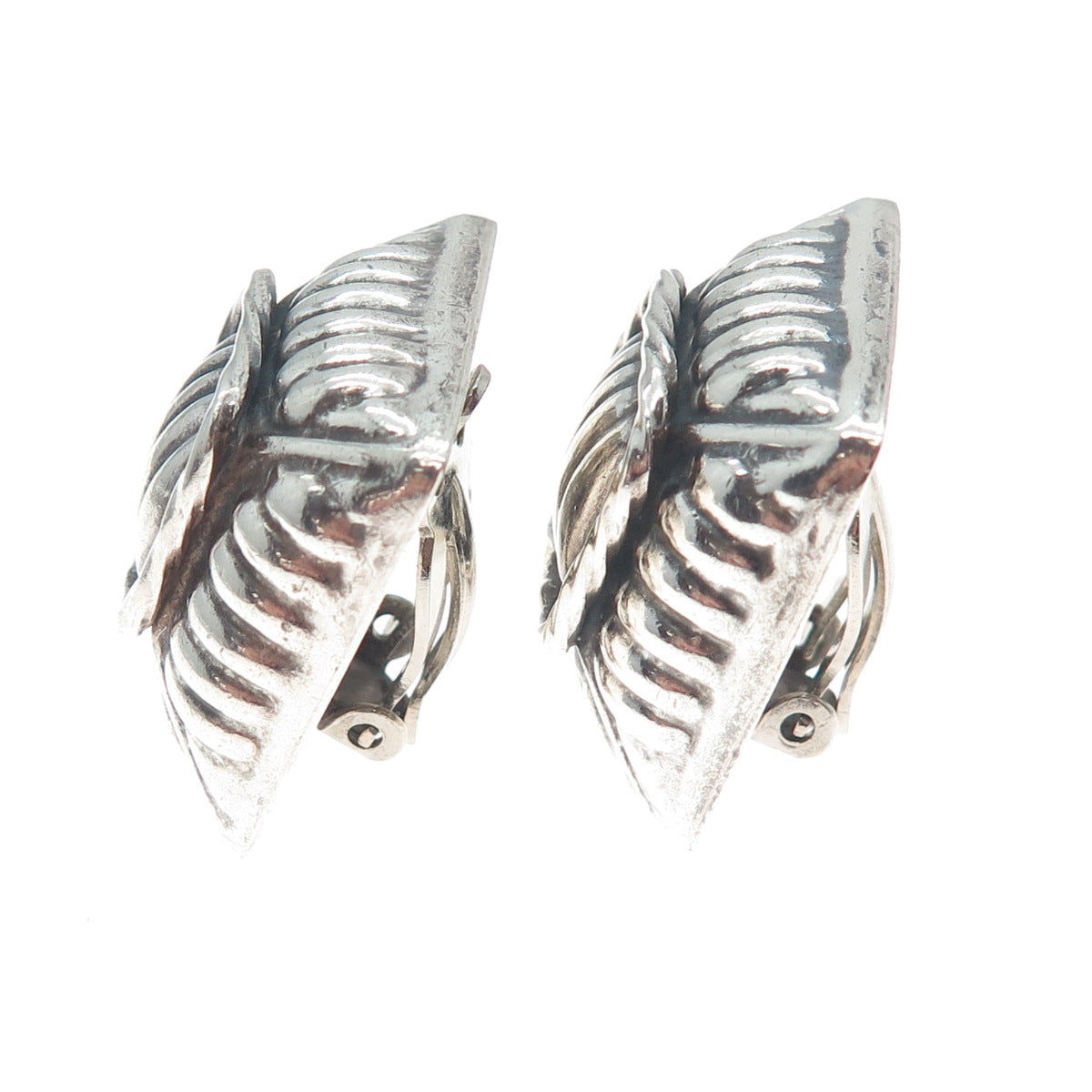 925 Sterling Silver Vintage Mexico Modernist Oxidized Clip On Earrings