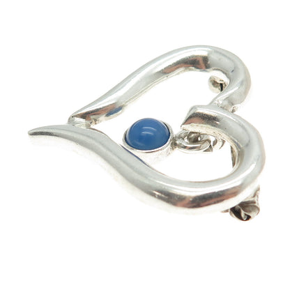 925 Sterling Silver Vintage Mexico Real Chalcedony Modernist Heart Pin Brooch