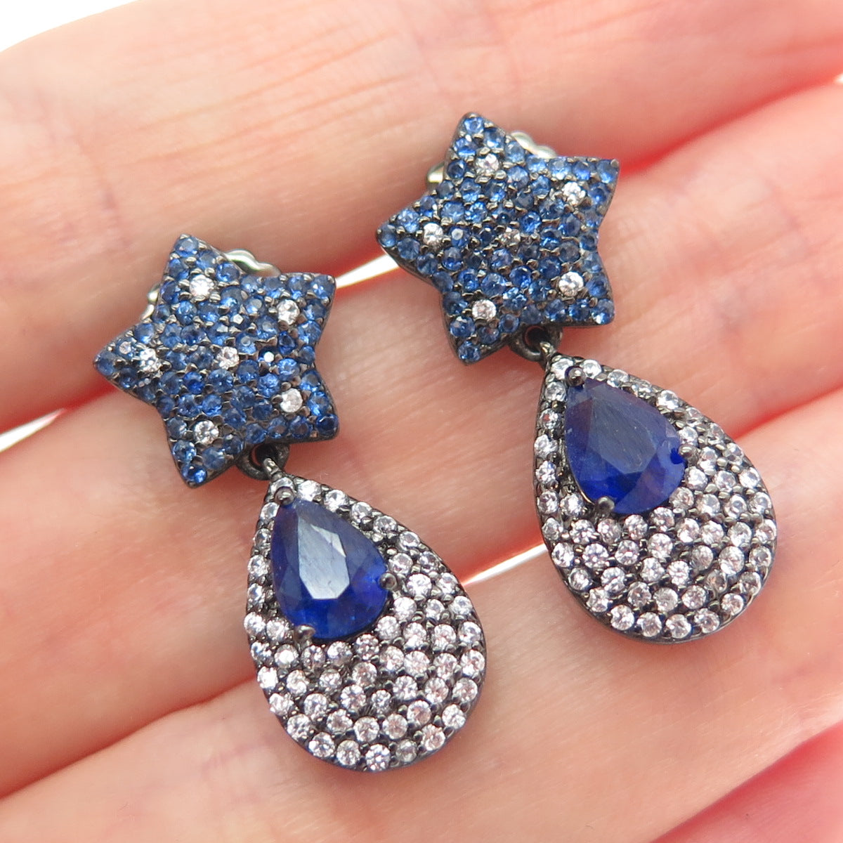 DSMK 925 Sterling Silver Black Rhodium Real Sapphire & Topaz Dangle Earrings