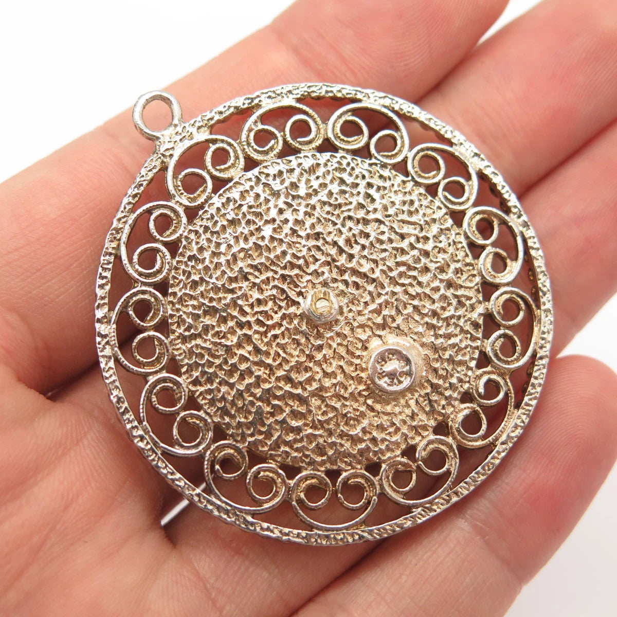 925 Sterling Silver 2-Tone Vintage Textured Cancer Zodiac Sign Round Pendant