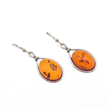 925 Sterling Silver Vintage Real Amber Modernist Dangle Earrings
