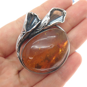 800 Silver Vintage Poland Real Amber Modernist Calla Lily Oxidized Pin Brooch
