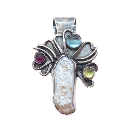 925 Sterling Silver Vintage Real Pearl Topaz Peridot Amethyst Modernist Pendant