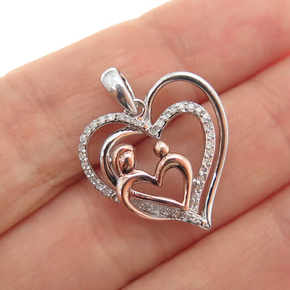 SUN 925 Sterling Silver 2-Tone Real Diamond Mom & Child Heart Charm Pendant