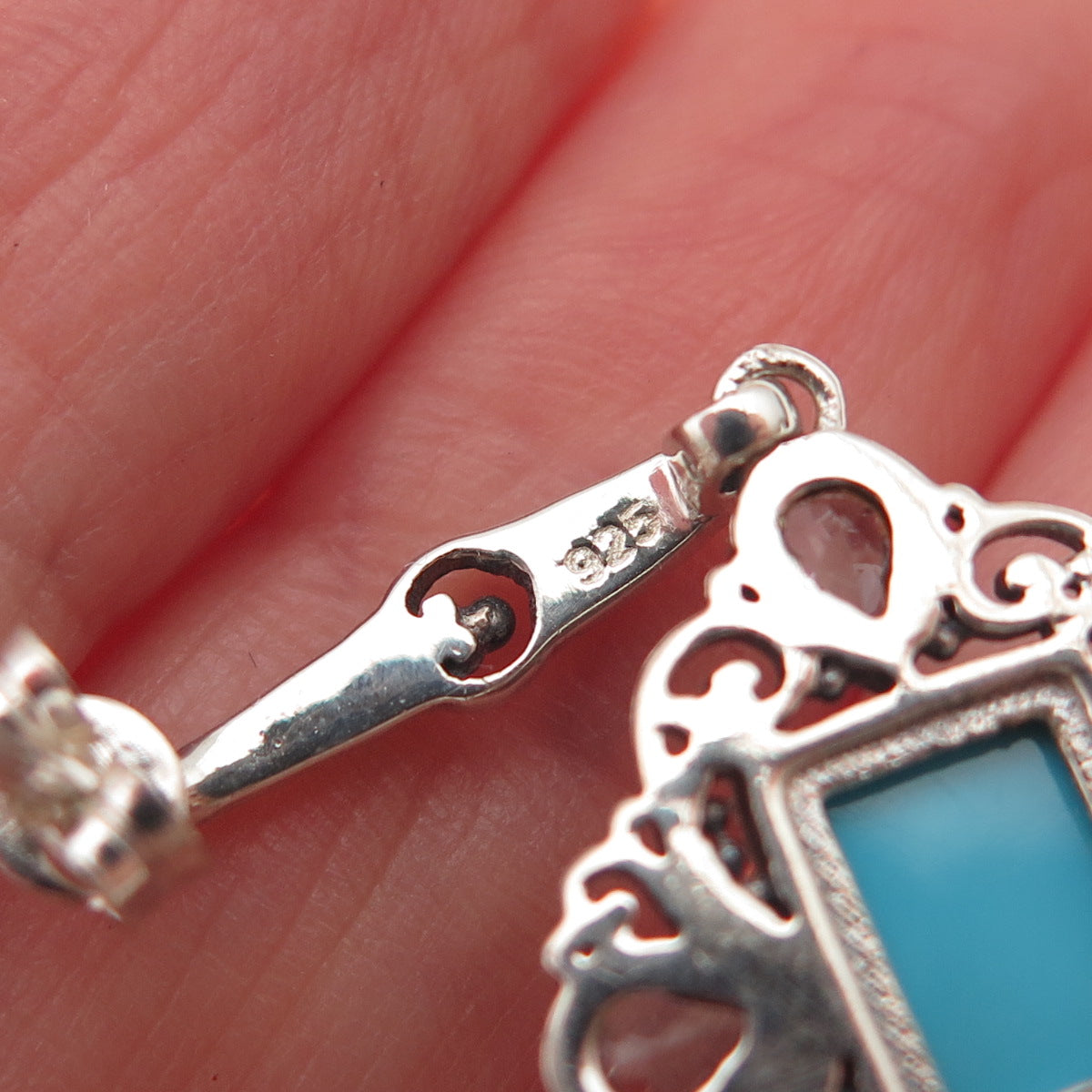 925 Sterling Silver Vintage Real Turquoise & Blue Topaz Dangle Earrings