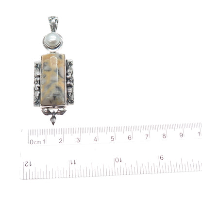 AF DESIGN 925 Sterling Silver Vintage Real Jasper & Pearl Modernist Pendant
