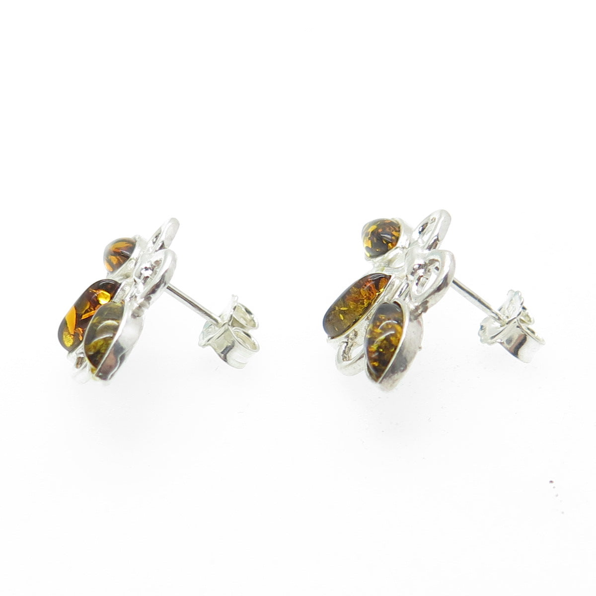 925 Sterling Silver Vintage Real Baltic Amber Stud Earrings