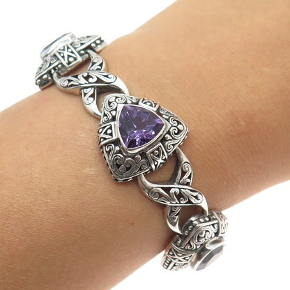925 Sterling Silver Real Amethyst Gemstone Ornate Bracelet 8"
