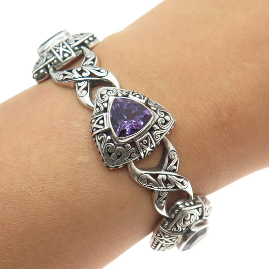 925 Sterling Silver Real Amethyst Gemstone Ornate Bracelet 8"