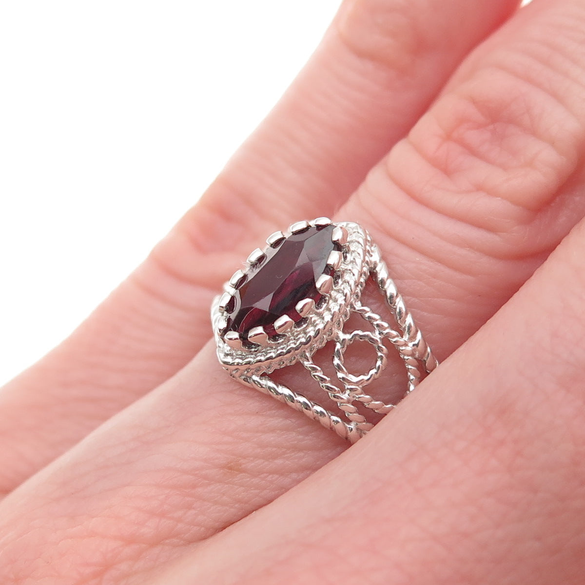 Nevada Sterling Silver Vintage Real Marquise-Cut Red Garnet Scroll Ring Size 5