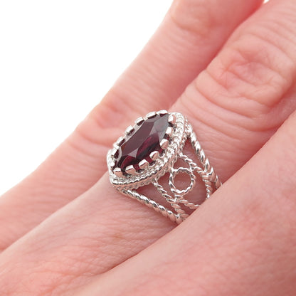 Nevada Sterling Silver Vintage Real Marquise-Cut Red Garnet Scroll Ring Size 5