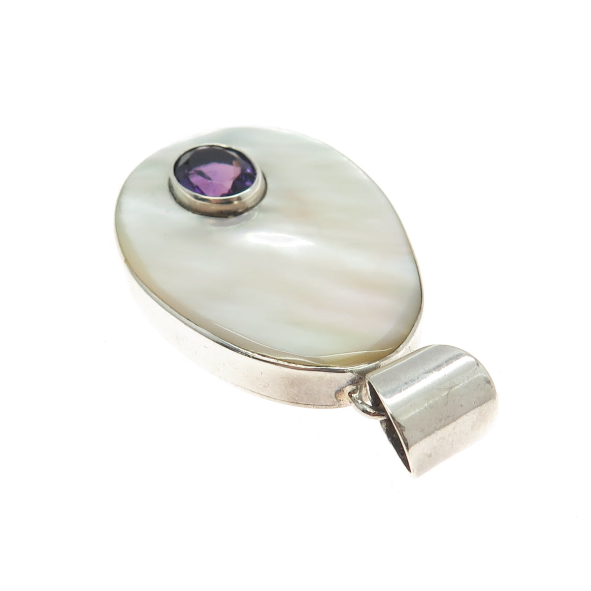 925 Sterling Silver Vintage Real Amethyst & MOP Oval Pendant