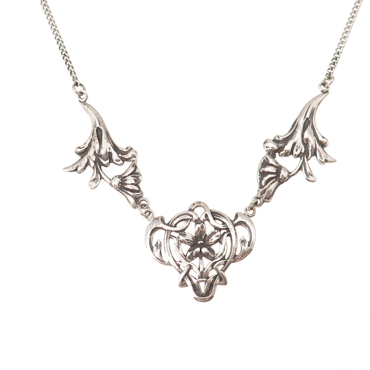 925 Sterling Silver Vintage Floral Cuban Chain Necklace 16" (missing lock loop)