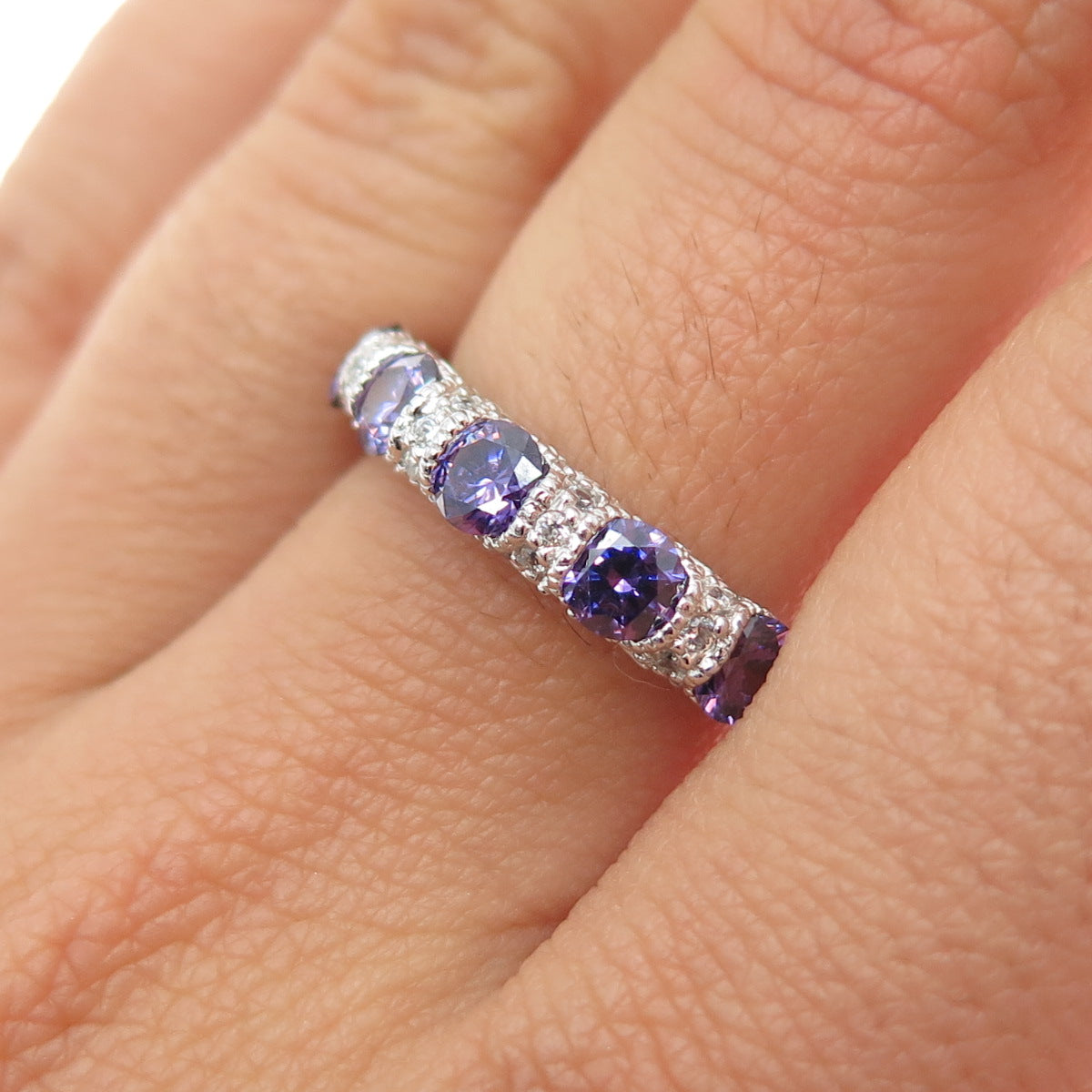 JOSEPH ESPOSITO 925 Sterling Silver Purple & White C Z Ring Size 7.25