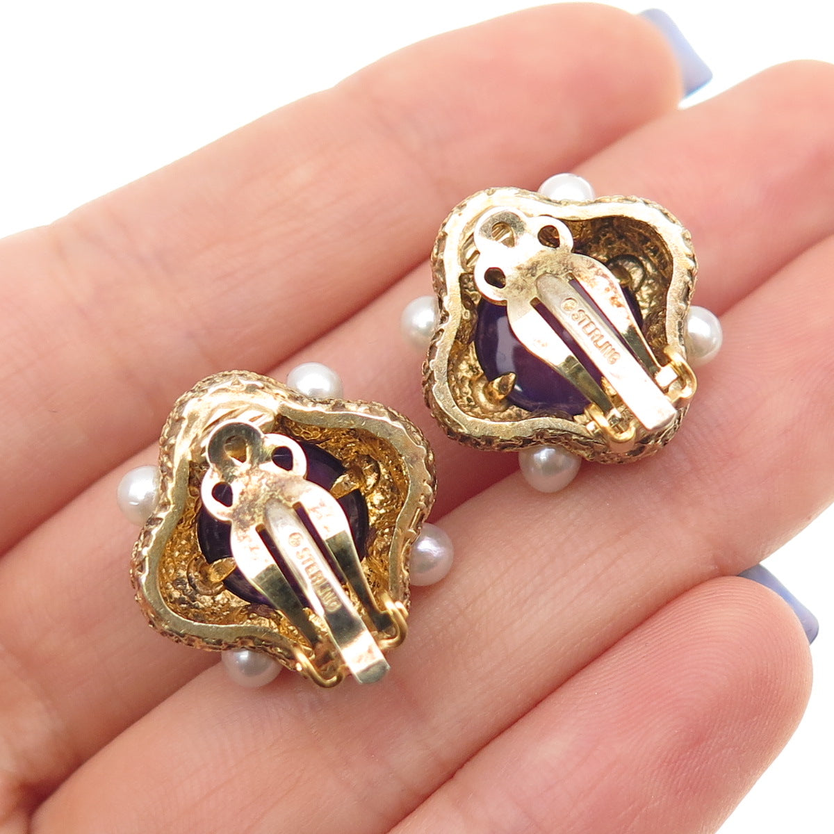 Museum of Fine Arts Sterling Silver GP Vintage Pearl & Amethyst Clip On Earrings
