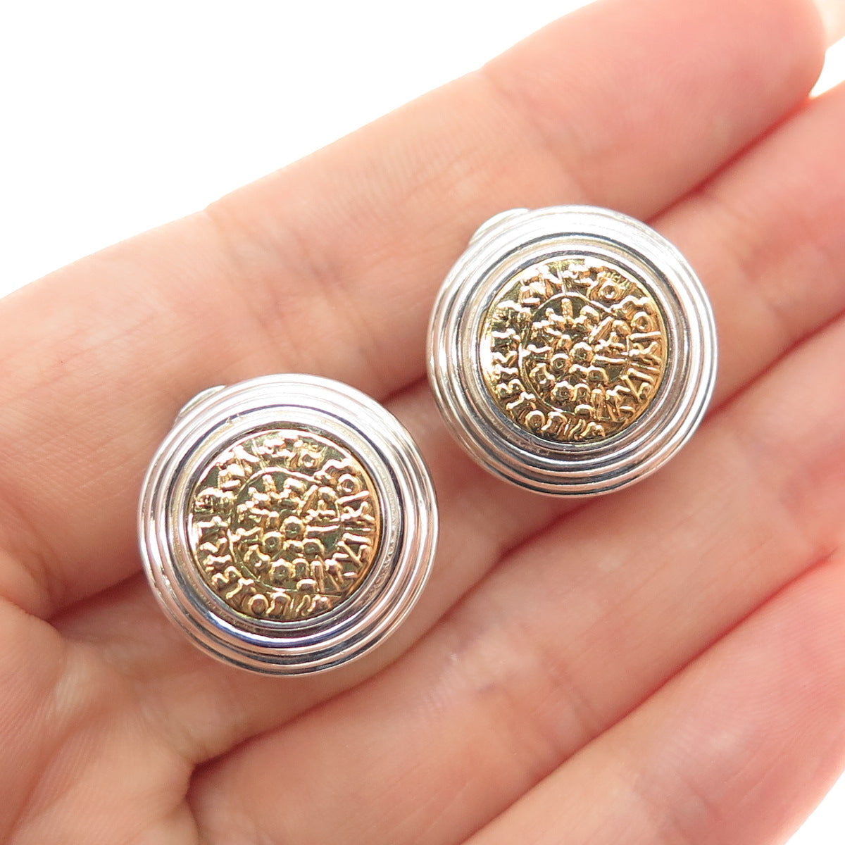 Ilias Lalaounis 22K Gold 800 & 925 Silver Vintage Greece Phaistos Disc Earrings