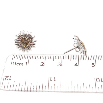 925 Sterling Silver 2-Tone Real Round-Cut Diamond Daisy Flower Stud Earrings