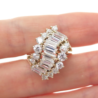 925 Sterling Silver Gold Plated Vintage Round & Baguette-Cut C Z Ring Size 8