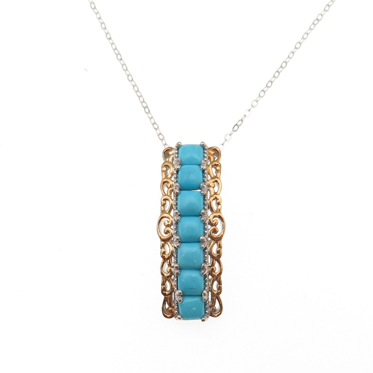Chuck Clemency 925 Sterling Silver 2-Tone Real Turquoise Chain Necklace 20"