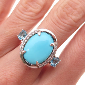 925 Sterling Silver Real Tyrone Turquoise Blue & White Topaz Ring Size 8