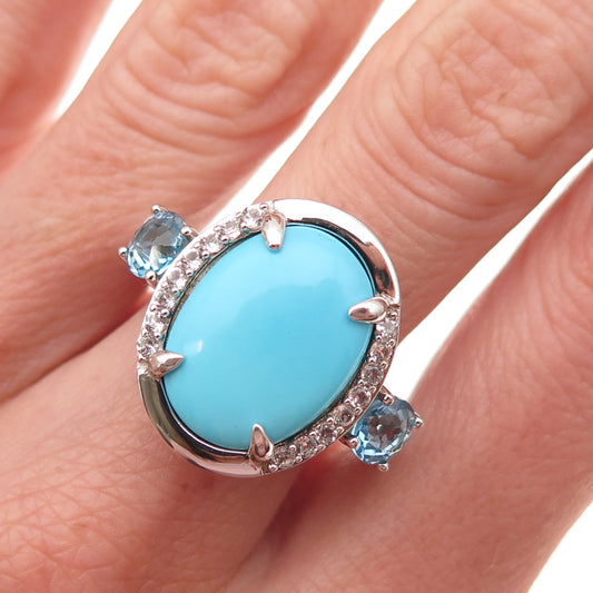 925 Sterling Silver Real Tyrone Turquoise Blue & White Topaz Ring Size 8