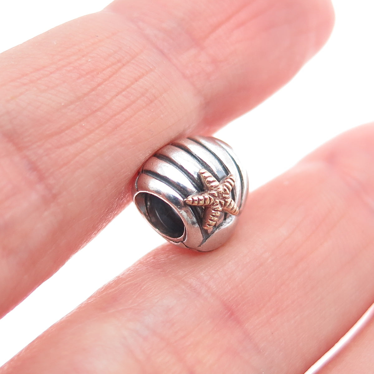 PANDORA 925 Sterling Silver & Gold Starfish Seashell Slide Bead Charm
