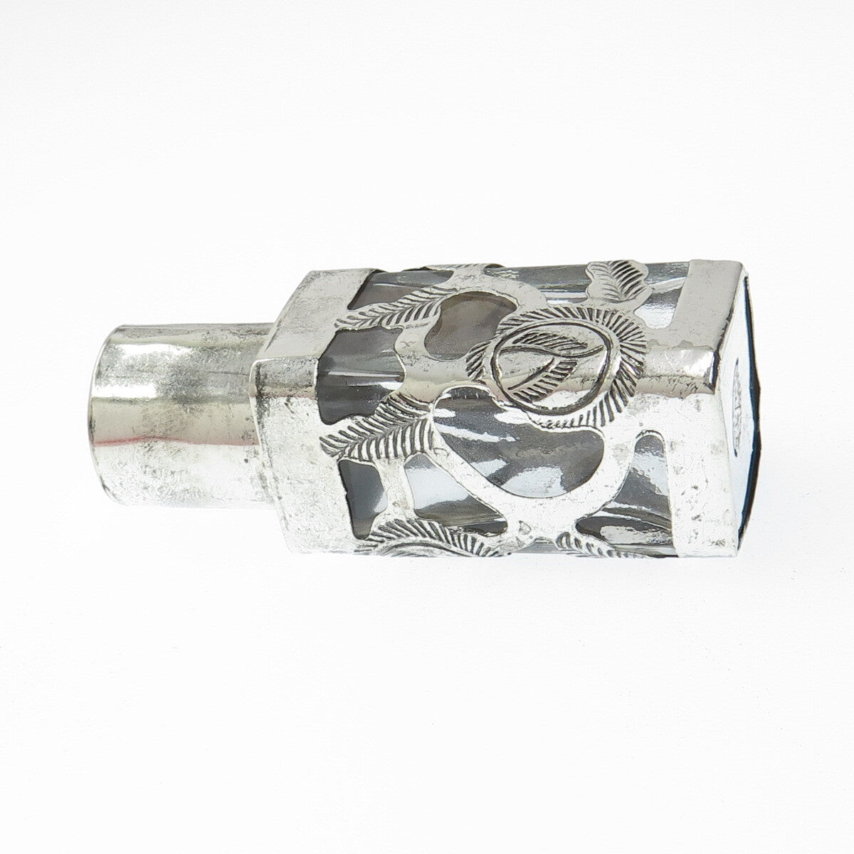 MZOI 925 Sterling Silver Vintage Mexico Glass Engraved Perfume Bottle