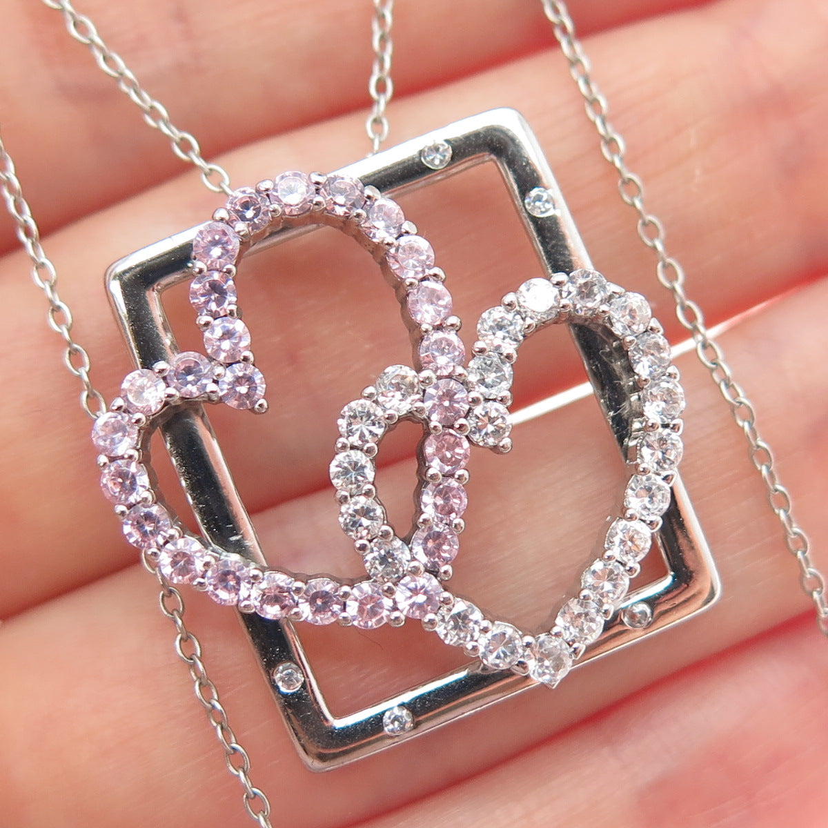 925 Sterling Silver Round-Cut Pink & White C Z Heart Cable Chain Necklace 18"