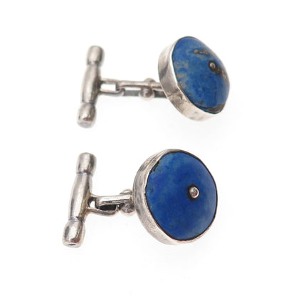 925 Sterling Silver Vintage Real Lapis Modernist Oxidized Chain Cufflinks