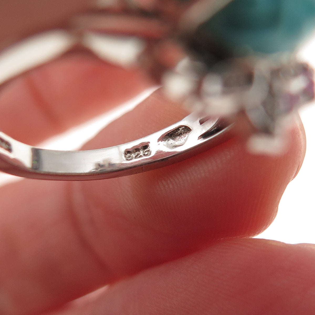 Chuck Clemency 925 Sterling Real Turquoise Pink & White Topaz Floral Ring Size 8