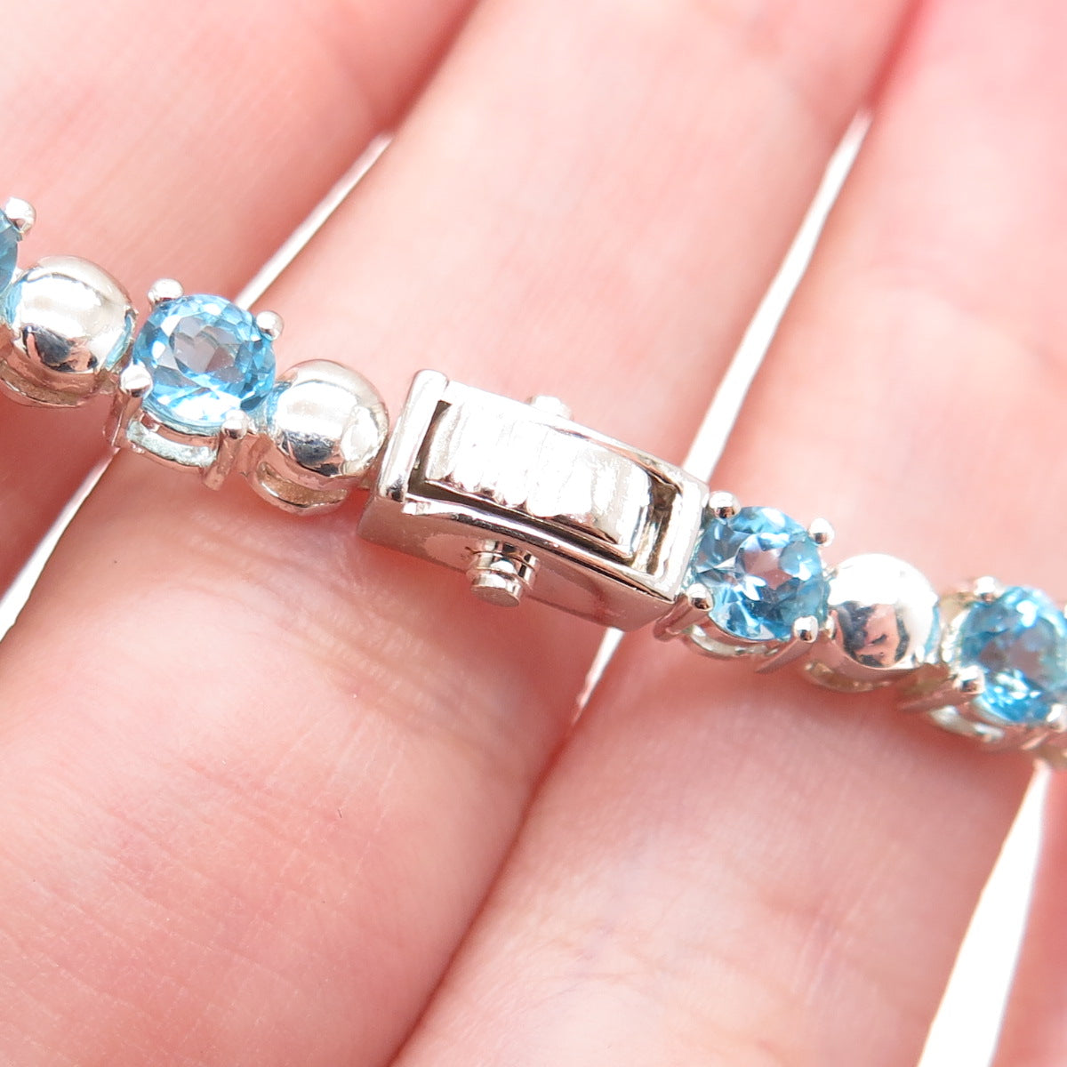 925 Sterling Silver Vintage Real Round-Cut Blue Topaz Tennis Link Bracelet 7.5"