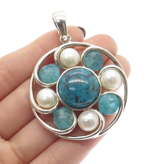 WHITNEY KELLY Sterling Silver Vintage Real Turquoise Quartz Pearl Flower Pendant