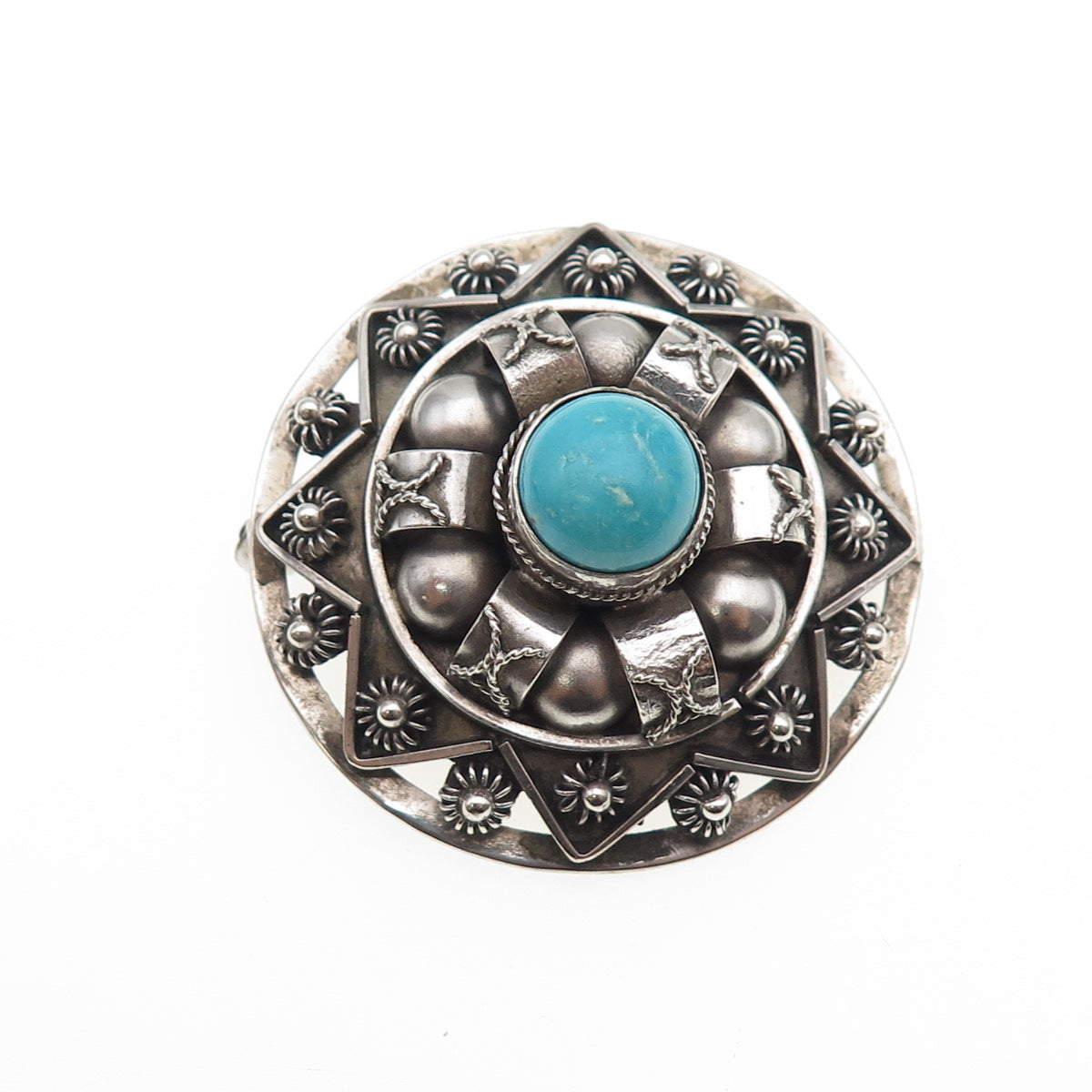 800 Silver Antique Art Deco Italy Real Turquoise Cannetille Oxidized Pin Brooch