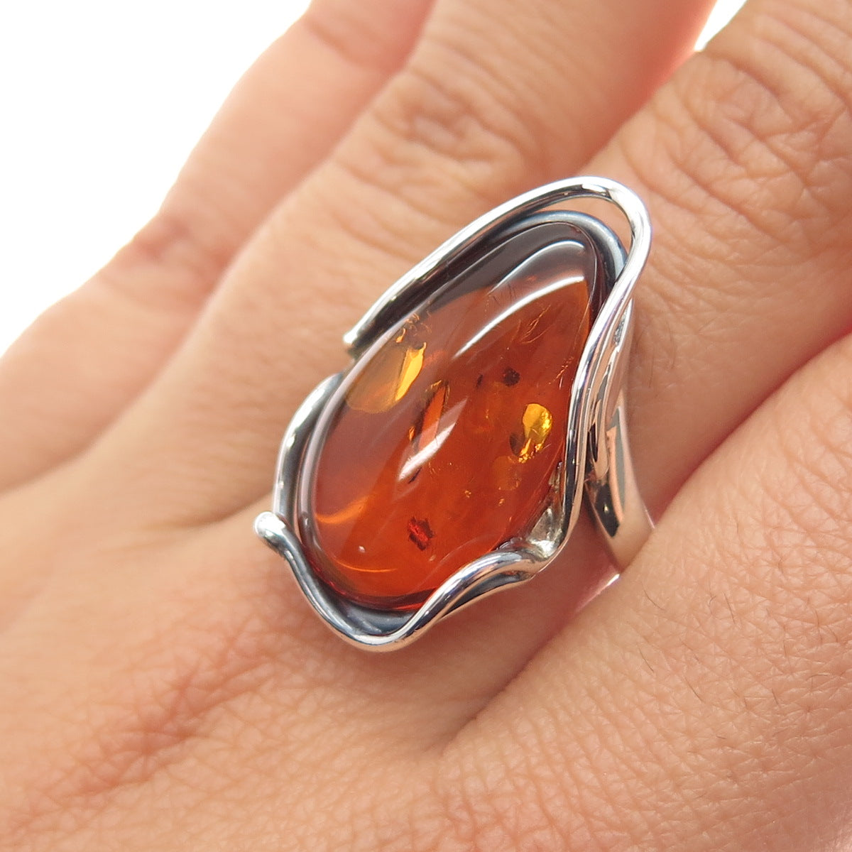 925 Sterling Silver Vintage Real Amber Modernist Adjustable Ring Size 8.75