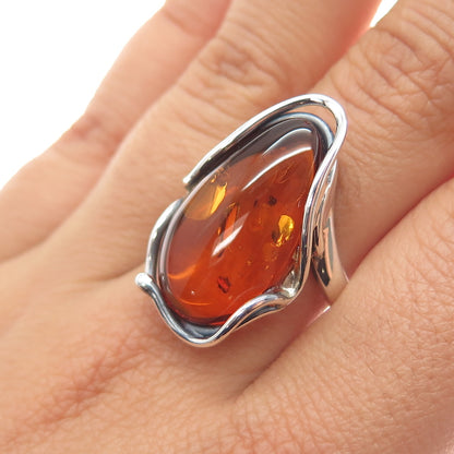 925 Sterling Silver Vintage Real Amber Modernist Adjustable Ring Size 8.75