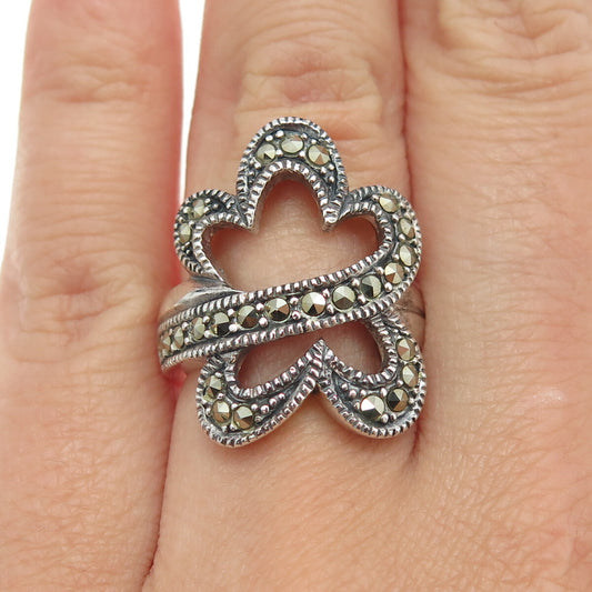 925 Sterling Silver Vintage Real Marcasite Floral Ring Size 5.75