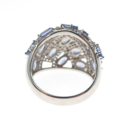 925 Sterling Silver Real Oval-Cut Tanzanite & Round-Cut White Topaz Ring Size 7