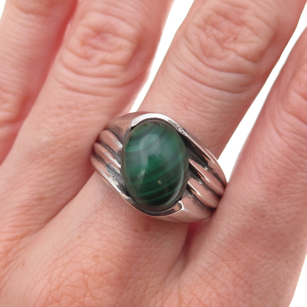 Esemco 925 Sterling Silver Vintage Real Malachite Modernist Ring Size 11