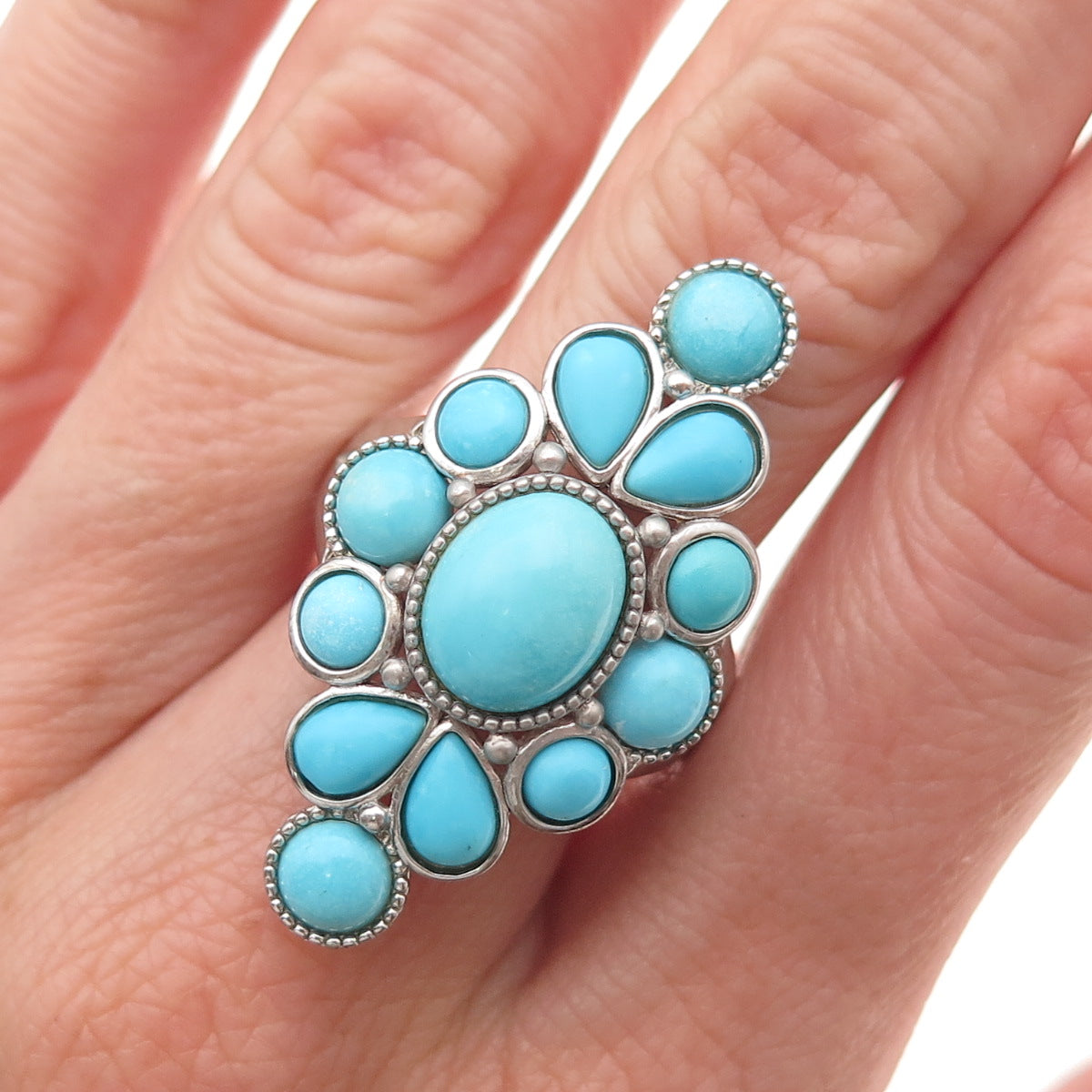 925 Sterling Silver Real Sleeping Beauty Turquoise Floral Ring Size 8