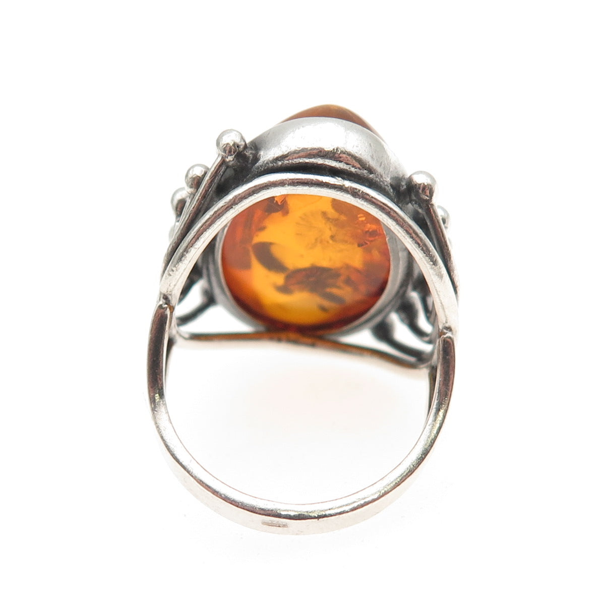925 Sterling Silver Vintage Real Amber Modernist Oxidized Ring Size 6.75