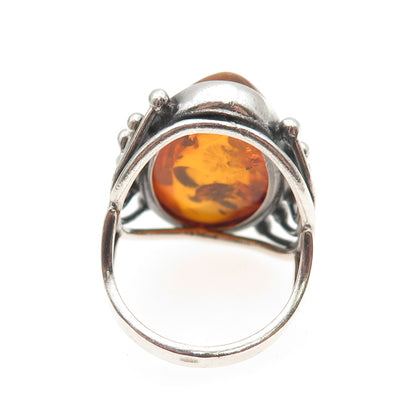 925 Sterling Silver Vintage Real Amber Modernist Oxidized Ring Size 6.75