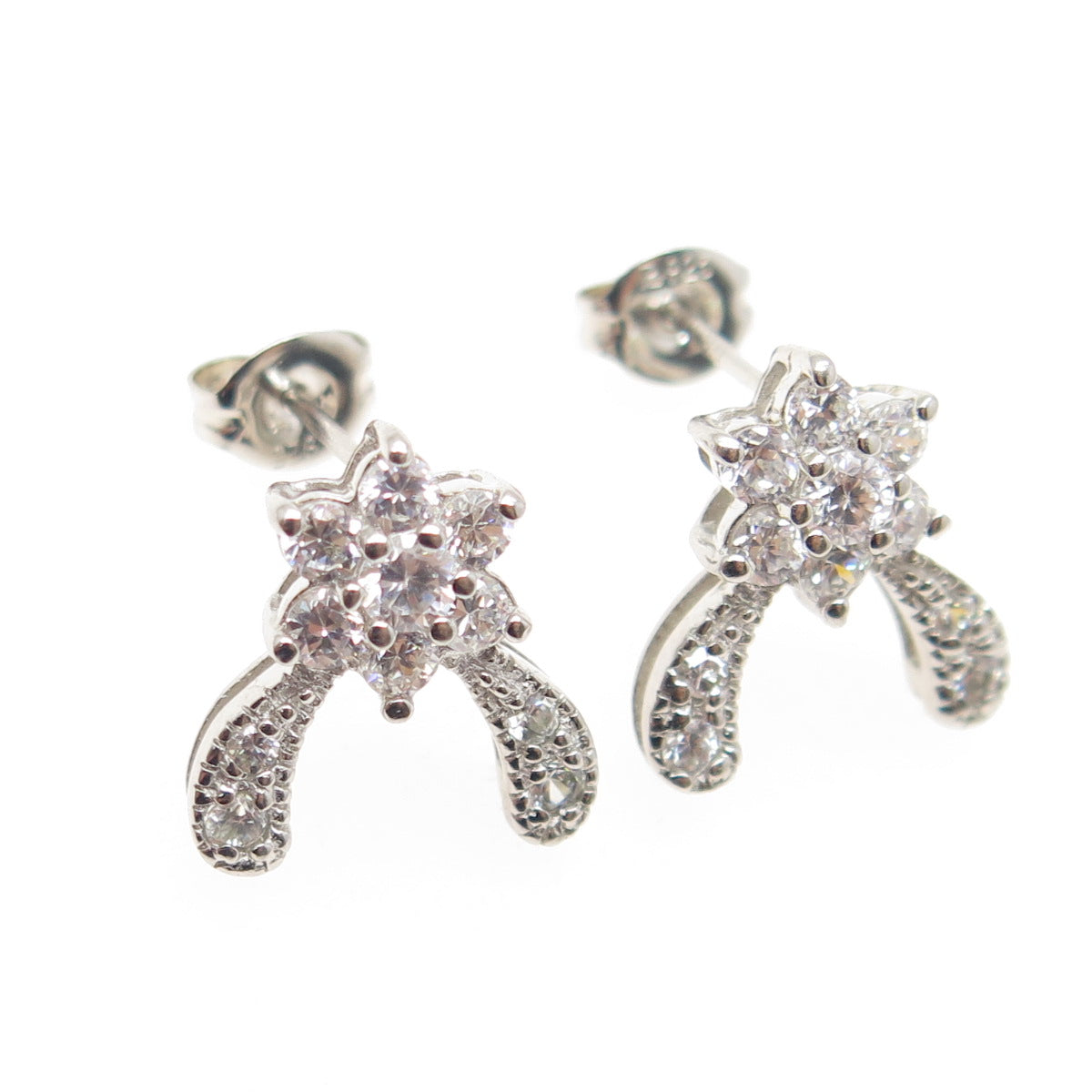 ROSS SIMONS 925 Sterling Silver Round-Cut C Z Floral Stud Earrings