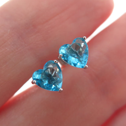 925 Sterling Silver Heart-Cut Blue C Z Stud Earrings