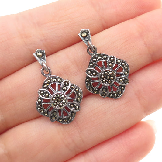 925 Sterling Silver Vintage Real Marcasite Floral Oxidized Dangle Earrings
