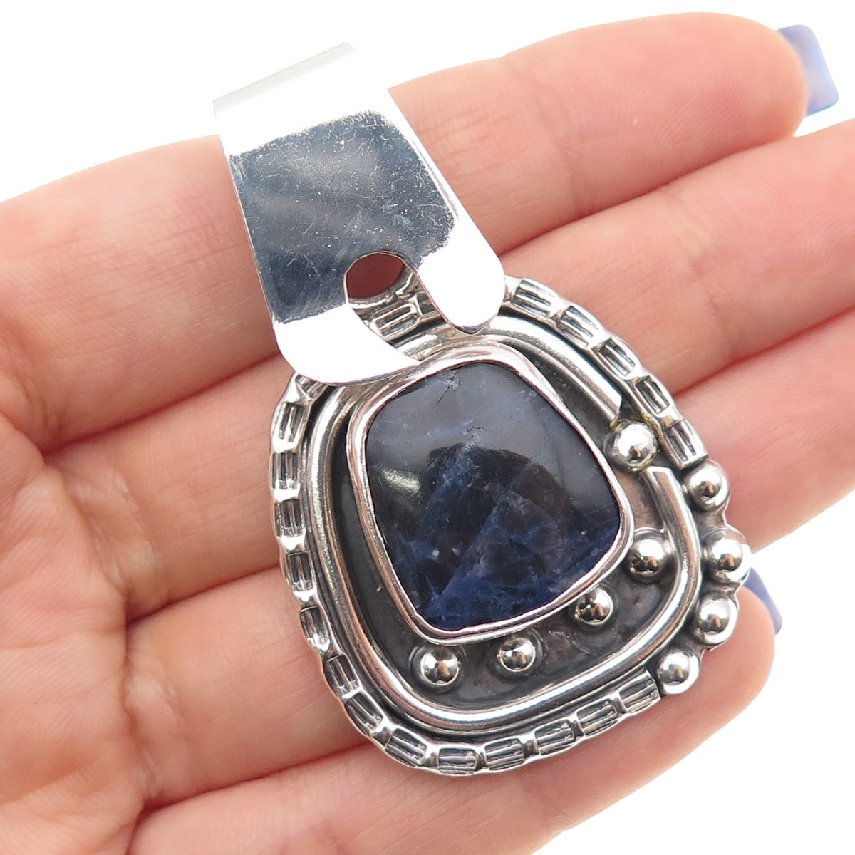 925 Sterling Silver Vintage Real Sodalite Modernist Oxidized Charm Pendant