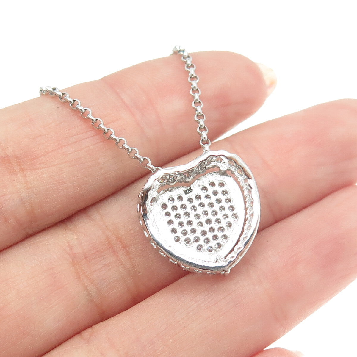 925 Sterling Silver Italy Round-Cut C Z Heart Rolo Chain Necklace 16"